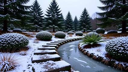 Snowcovered garden path with stream and evergreen trees