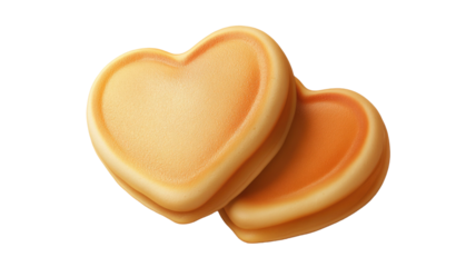 Two golden brown heart shaped pancakes with fluffy texture, warm breakfast aesthetic, sweet cozy vibe, and soft, inviting presentation