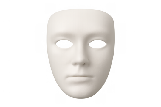 White theatrical mask representing anonymity, mystery, and identity; concept of disguise, hidden self, or performance