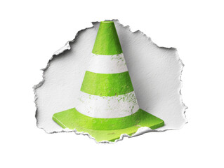 Green traffic cone on a transparent background with torn paper effect