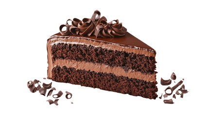 Slice of rich layered chocolate cake with moist texture, creamy frosting, and decadent dessert detail on plate isolated on white background
