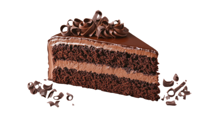 Slice of rich layered chocolate cake with moist texture, creamy frosting, and decadent dessert detail on plate isolated on white background