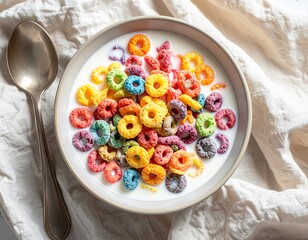a bowl of colorful cereal with milk on a cloth, flat lay photography