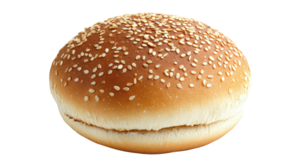 Sesame seed burger bun with golden soft texture and detailed bakery surface showing fresh bread appearance isolated on white background