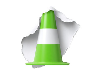 Green Traffic Cone Poking Through Ripped Paper on a Transparent Background