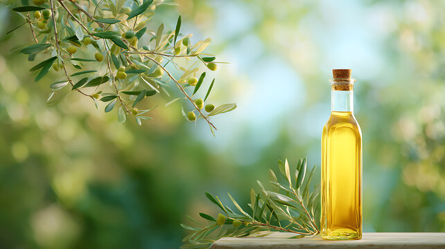 Olive oil in a bottle on a wooden table against the background of green leaves