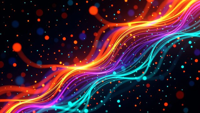 Vibrant colorful flowing lines with bokeh dots on dark background