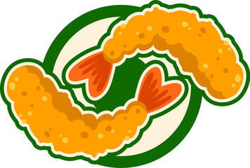 Fast food fried shrimps vintage Y2K sticker or tag. Takeout restaurant Y2K vector patch, street food menu retro groovy sticker. Takeaway cafe hippie label or tag with seafood barbeque grill meal