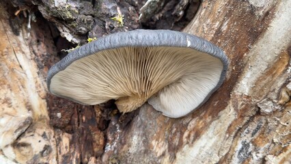 Completely natural and healthy oyster mushrooms growing on spruce trees in the forest