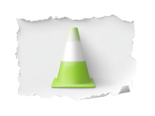Green Traffic Cone Coming Through Torn Paper on a Transparent Background