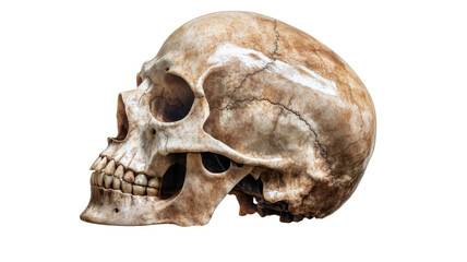 Human skull with detailed bone structure and natural anatomical features showing realistic cranial form ideal for study visuals isolated on white background