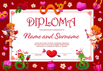 Fototapeta premium Valentines diploma certificate with cherubs, snakes and hearts. Cartoon vector charming layout template featuring cupids, roses, desserts, gift boxes, love and romantic decorations on red border
