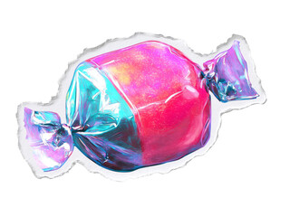 Shiny wrapped candy with paper edge on transparent background