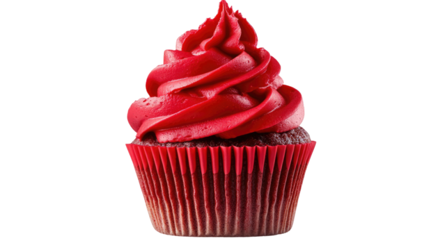 Red velvet cupcake with rich frosting and soft textured crumb showing vibrant dessert detail ideal for food visuals isolated on white background