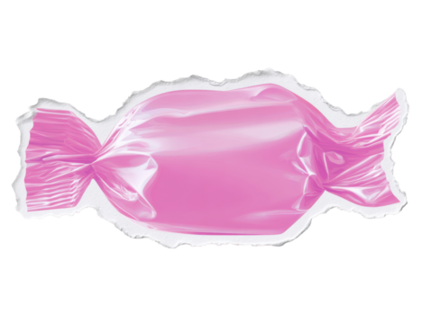 Wrapped pink candy with torn paper effect on a transparent background