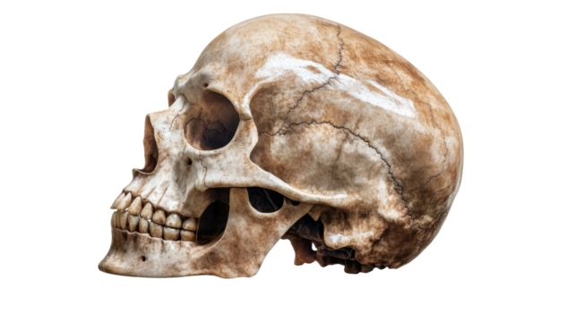 Human skull with detailed bone structure and natural anatomical features showing realistic cranial form ideal for study visuals isolated on white background