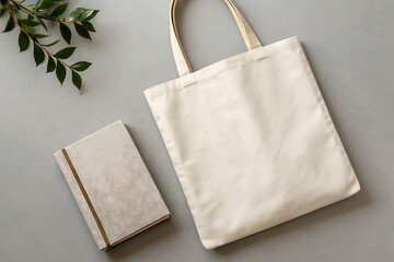 Natural canvas tote bag and decorative notebook on a gray surface