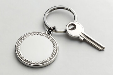 Silver keychain with a round blank charm and a single silver key