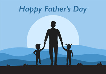 Father and children silhouette. Happy Father’s Day poster.