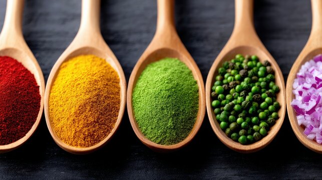 Close-up of various spices arranged in wooden spoons on a dark surface, showcasing a colorful array of culinary ingredients. - Powered by Adobe