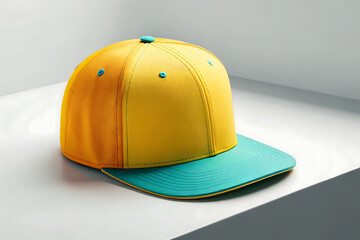 Brightly colored yellow and teal baseball cap on a white surface