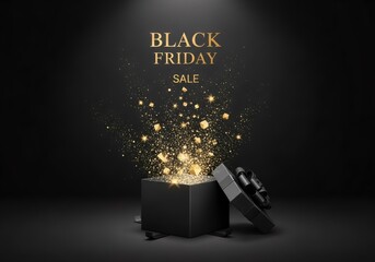 Black Friday sale promotion with glittering gift box. Shopping event concept for marketing banner, advertisement, or social media post.