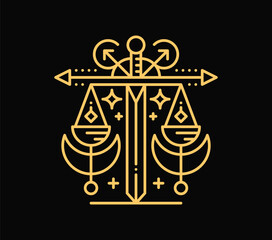 Celestial elegant esoteric weighing scale symbol or tattoo. Golden celestial Y2K vector tattoo, libra zodiac constellation elegant symbol. Isolated esoteric Boho sign or linear mystic magic print