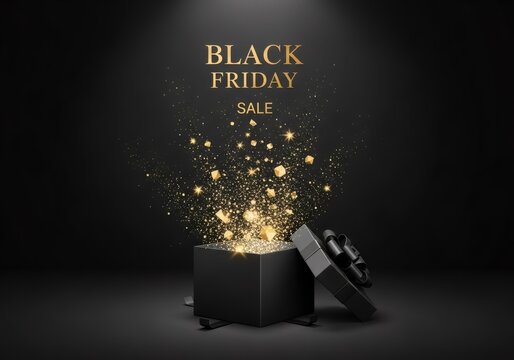 Black Friday sale promotion with glittering gift box. Shopping event concept for marketing banner, advertisement, or social media post. - Powered by Adobe