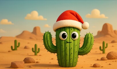 Happy Cartoon Christmas Saguaro Cactus Character Wearing a Santa Claus Hat in the Desert