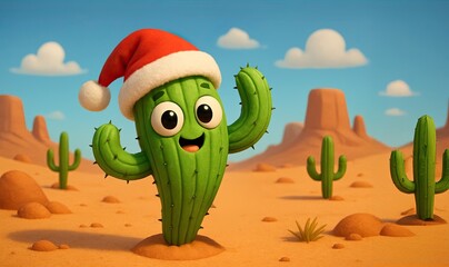 Happy Cartoon Christmas Saguaro Cactus Character Wearing a Santa Claus Hat in the Desert