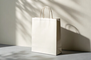 Plain white paper shopping bag with natural light and shadow patterns