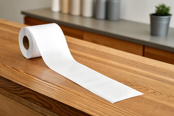 Unrolled white toilet paper on a wooden surface with blurred background