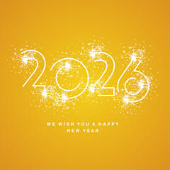 Fototapeta premium 2026 New Year modern white line design neon light type typography with sparkle firework. Sparklers in shape of 2026 sign logo icon orange yellow background greeting card