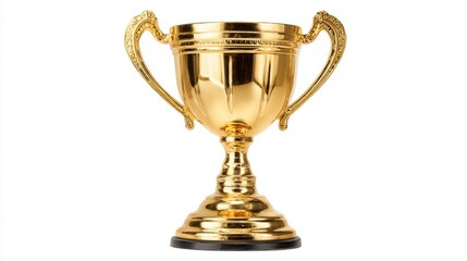 A shiny golden trophy stands on a simple background showcasing its ornate design and gleaming surface. The trophy symbolizes achievement and recognition.