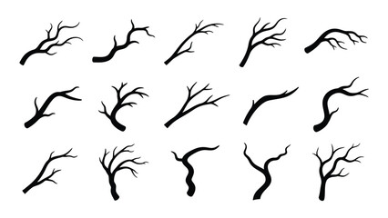 Bare tree branch silhouettes collection isolated on white background, Vector