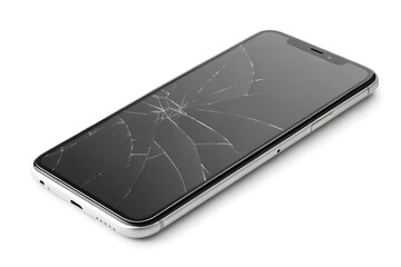 Modern smartphone with a cracked screen on a white background