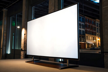 Large blank white screen on a stand in a modern urban setting at night