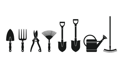 Garden tools silhouette icons set isolated on white background, Vector
