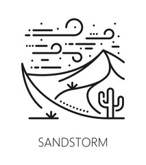 Sandstorm natural disaster, cataclysm line icon. Environmental cataclysm thin line symbol, sandstorm disaster vector sign. Natural catastrophe outline pictogram with storm wind and desert dunes