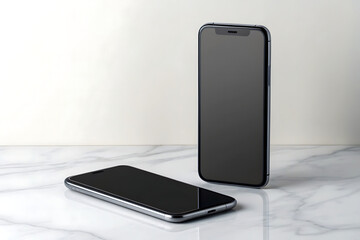 Two modern smartphones displayed on a marble surface with a white background
