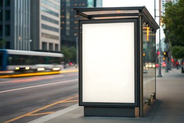 Blank billboard at a bus stop with a moving bus in the background