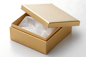 Open golden gift box with white tissue paper inside