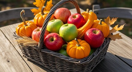 Basket of autumn harvest apples and pumpkins on a wooden table