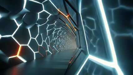 A futuristic glowing tunnel with hexagonal patterns and blue and orange neon lights. - Powered by Adobe