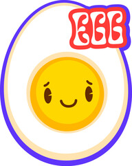 Fast food egg kawaii character retro Y2K sticker or patch. Takeaway meal groovy vector patch, fast food menu retro cartoon funky tag. Takeout restaurant Y2K label with boiled egg yolk cute personage