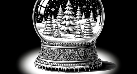 Detailed vintage black and white illustration of a classic snow globe filled with miniature snow covered pine trees and a snowy landscape on a decorative ornate base