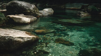 Crystal Clear Mountain Stream Flowing Over Rocks in a Serene Natural Landscape.