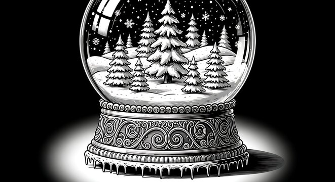 Detailed vintage black and white illustration of a classic snow globe filled with miniature snow covered pine trees and a snowy landscape on a decorative ornate base