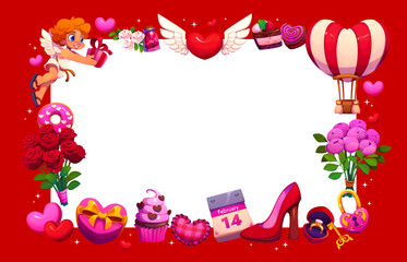 Fototapeta premium Valentines day holiday greeting card template. Cartoon vector rectangular love frame border with cherub holding gift box, winged heart, hot air balloon, roses, cupcake and woman shoe on red background