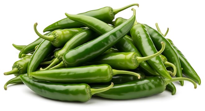 Pile of fresh green jalapeno peppers isolated on white background close up